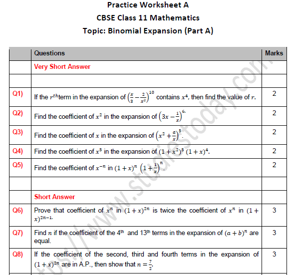 Class 11 Binomial Theorem pdf test papers